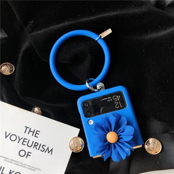 Sevimli 3D Klein Mavi Bez Papatya Çiçek Sert Telefon Kılıfı İçin Samsung Galaxy Z Flip 3 4 5G Taşınabilir Bileklik Büyük El Halka Kapak