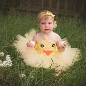 Sevimli Bebek Sarı Ördek Hayvan Tutu Elbise Kız Tığ Tül Elbise Hairbow ile Çocuk Doğum Günü Partisi Cosplay Kostüm Elbiseler