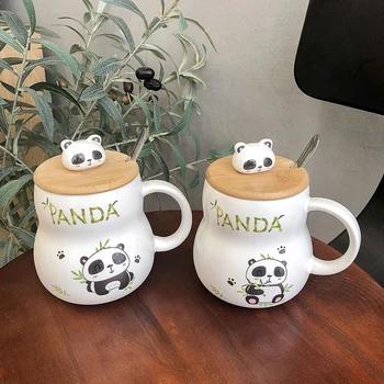 Sevimli Karikatür Panda Seramik Kupa 400 ml Kapak ve Kaşık ile Kahve Kupalar Süt Çay Kupalar Kahvaltı Fincan Drinkware Yenilik hediyeler