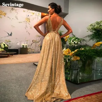 Sevintage Şampanya Glitter Tül Balo Elbise Ucuz Backless Uzun Abiye giyim Kadın Özel Durum Elbiseler Parti Törenlerinde 2021