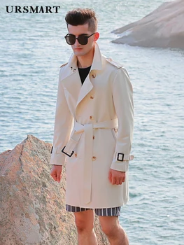 Siper rüzgarlık erkek uzun çift sıra düğmesi Bej İngiliz yakışıklı bel slim fit kalınlaşmış aşağı iç ceket