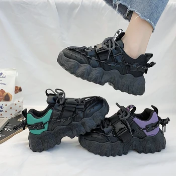Siyah ayakkabı kadın 2022 İlkbahar ve Sonbahar Niş Kalın tabanlı Spor Ayakkabı Moda Saf Siyah Yükseltilmiş Rahat Platform Spor Ayakkabı