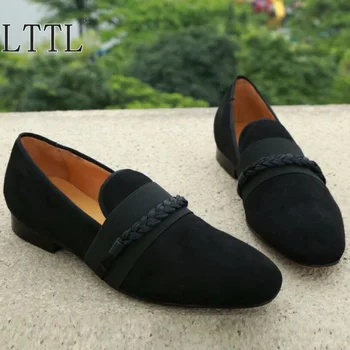 Siyah Kadife Ayakkabı Erkekler İçin İtalyan Moda Tasarımcısı Loafer'lar El Yapımı Yaz rahat ayakkabılar Daireler Üzerinde Kayma erkek Sigara Terlik