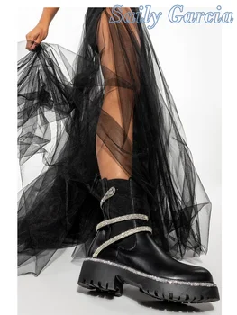 Siyah Katı Rhinestone Sınırlanmıştır Yılan Sicim Ayak Bileği Streç Kumaş Paneli Chelsea Yuvarlak Ayak kadın moda ayakkabılar