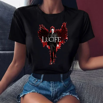 Siyah Tshirt Lucifer Tv Gösterisi T Shirt Grafik Baskı kısa kollu t-shirt T-Shirt Komik kadın kıyafetleri Kadın Giyim Tops