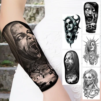 Siyah Vampir Geçici Dövmeler Kadınlar Kızlar İçin Gerçekçi Korkunç Kafatası Cadılar Bayramı Su Geçirmez Dövme Seksi Önkol Vücut Dövmeler 3D