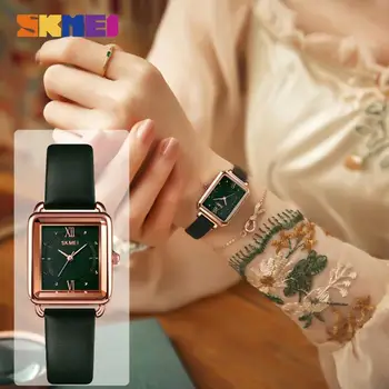 SKMEI Moda Yeşil kadın İzle Dikdörtgen Dial Kuvars Bayanlar Saatler Hakiki Deri kız çocuk saatleri montre femme 2020 1702