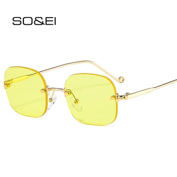 SO & EI Moda Çerçevesiz Kare Güneş Kadınlar Vintage Temizle Degrade Okyanus Lens Gözlük Erkekler Mavi Sarı Gözlükleri Shades UV400