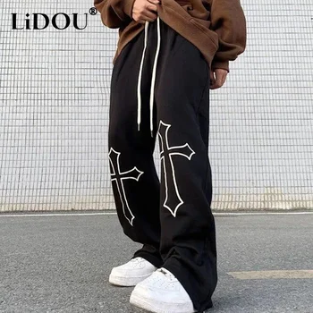Sonbahar Hip Hop Moda Y2K Rahat Erkek Pantolon Çapraz Baskılı Gevşek Baggy Pantolon Erkek Gençlik Düz Geniş Bacak Streetwear Giyim