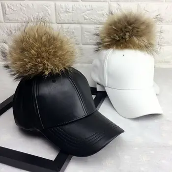 Sonbahar Kış 15 cm Gerçek Kürk Pom poms Beyzbol Kapaklar Suni Deri Katı Snapbacks Şapka Kapaklar Casquette Gorros