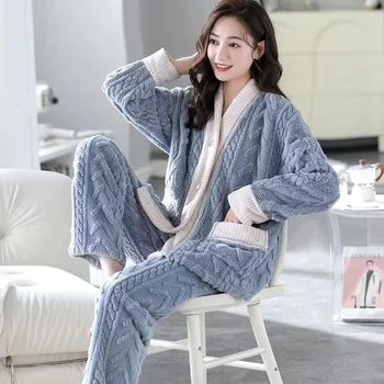 Sonbahar Kış Flanel Pijama Setleri Sıcak Pijama V Yaka 2 parça / takım Mercan Polar Uzun Kollu Pantolon Ev Giyim Kıyafeti
