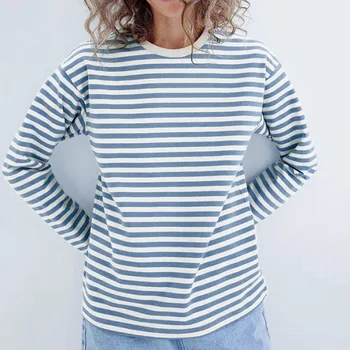 Sonbahar Kış Mavi Çizgili T - Shirt Kadın Rahat O-Boyun Elastik Kazak Kazak Moda Patchwork Gevşek T-Shirt Kadın Vintage