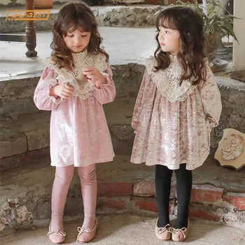 Sonbahar Kış Sevimli Çocuklar Bebek Kız Dantel Kadife Elbise Kız Saf Renk Uzun Kollu Elbise Bebek Kız Yenidoğan Giysileri Elbise