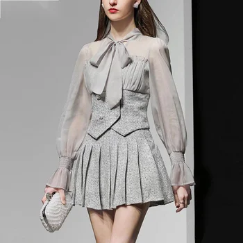 Sonbahar Moda Seksi Yay Bandaj Tasarım See Through Uzun Fener Kollu Bluz + Yüksek Bel Pilili Kısa Etekler İki parça Takım Elbise