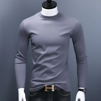 Sonbahar Uzun Kollu T Gömlek Erkekler Küçük Balıkçı Yaka Merserize Pamuk Slim Fit T-Shirt Moda Baskılı Siyah Büyük Boy T Shirt