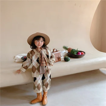 Sonbahar Çocuk Kazak Takım Elbise Bebek Kız Erkek Elmas Ekose Örme Hırka Ceket+Pantolon 2 Adet 1-6 Yaşında Çocuk giyim setleri