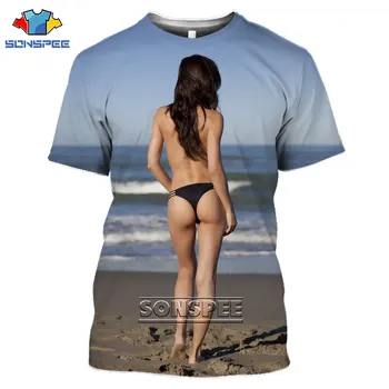 SONSPEE 3D Seksi Bikini Baskı T-shirt Diz Çökmüş Mayo Çıplak Güzellik Rahat Moda Yaz erkek Büyük Boy Gevşek Giyim Tops