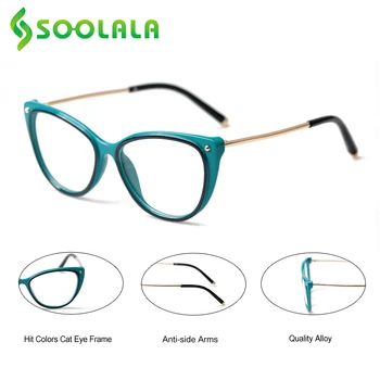 SOOLALA Hit Renk Kedi Göz Okuyucular Okuma Gözlükleri Kadınlar Şeffaf Lens Alaşım Presbicia Gözlük Çerçeve +1.0 1.5 2.0 2.5 3.0 için 4.0