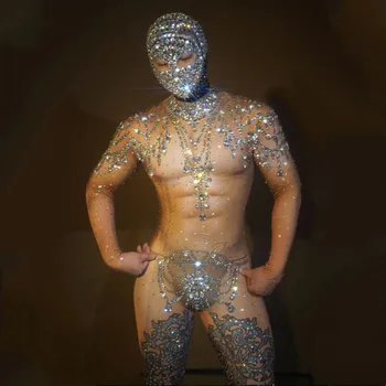 Sparkly Rhinestones Tulum Erkekler için Elastik Leotard Başlık Seksi DJ Gece Kulübü Kıyafet Performans dans kostümü Gösterisi Sahne Giyim