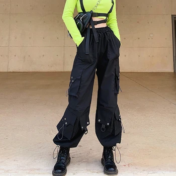Streetwear Gevşek Siyah Kargo Pantolon Kadın İpli Büyük Cepler Pantolon Baggy Yüksek Bel Pantolon Hip Hop Capri Alt Pantolon Kadın