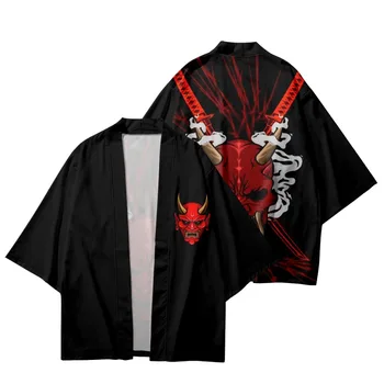Streetwear Hırka Giysileri Büyük Boy Elbise Kadın Erkek Geleneksel Haori Yukata Yaz Japon Samurai Şeytan Baskı Cosplay Kimono