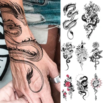 Su geçirmez Geçici Dövme Etiket Siyah Ejderha Yılan Totem Şakayık Gül Çiçek Flaş Dövme Kadın Erkek Kol Vücut Sanatı Sahte Dövmeler
