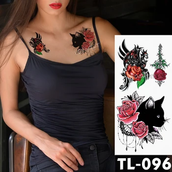 Su Transferi Siyah kedi kırmızı dantel gül Geçici Dövme Etiket totem Desen vücut sanatı Su Geçirmez Sahte Flaş Dövme kadınlar için