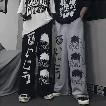 Sweatpants Kadın Anime Harajuku Moda E Kız Elbise Gevşek Rahat Yüksek Bel Geniş Bacak Pantolon Kore Streetwear Kadın