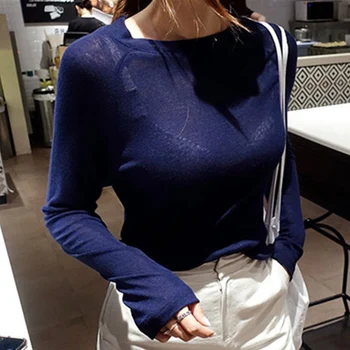 T Shirt Kadın Moda O Boyun Düz Renk Gömlek Yaz Rahat Uzun Kollu Üstleri Kore Tarzı Ince Örme Tee Gömlek Femme