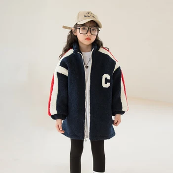 Taklit Kuzu Saç Kız Ceket Sonbahar Kış Pamuk-yastıklı Kapitone Sıcak Mektup Ceket Üst Kazak Kore Moda Çocuk Giysileri