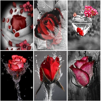 Tam Kare Yuvarlak Gül Elmas Boyama Çapraz dikiş kitleri 5D Kırmızı ve Siyah Çiçek Elmas Nakış El Sanatları Ev Dekorasyon