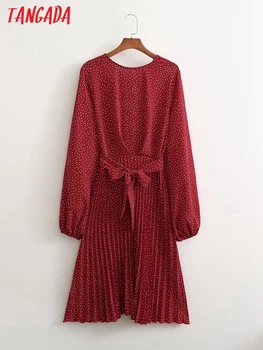 Tangada 2022 Moda Kadın Kırmızı Nokta Pilili Gömlek Elbise Slash Vintage Uzun Kollu Ofis Bayanlar Midi Elbise 1D110
