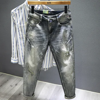 Tasarımcı Kot Erkekler Vintage Yıkama Streç Ince Küçük Ayak Pantolon Eğilim Sıkıntılı Yıpranmış Marka Giyim Biker Jeans Denim Pantolon