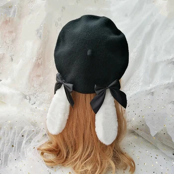 Tatlı Lolita Sevimli Peluş Tavşan Kulak Yay Bere Güzel Japon Mori Kız Vintage Ressam Şapka Kabak Kap Düz Kap Sonbahar Kış