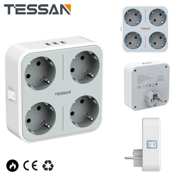 TESSAN USB güç şeridi Anahtarı ile 4 Yollu Soket ve 3 USB AB Akıllı Fiş Çıkışı Uzatma Soket Adaptörü Aşırı Yük Koruması ile