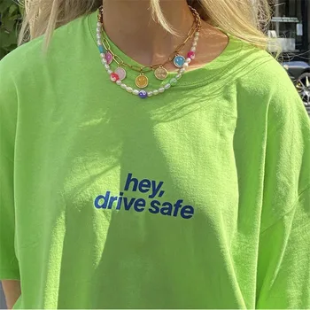 Tişört Kadınlar için floresan Yeşil 2022 Gevşek Pamuk İns Kişiselleştirilmiş Rahat Kısa Kollu Tişörtleri Mektup Tees Üstleri Giyim