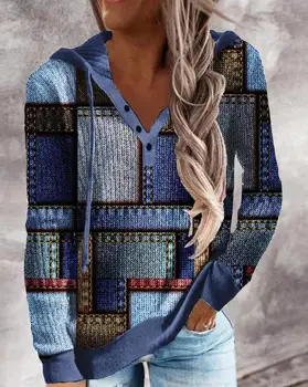 Tişörtü Kadın 2022 Sonbahar Moda Denim Bak Baskı Düğmesi Ön Rahat Uzun Kollu Hoodie Colorblock Günlük Kazak