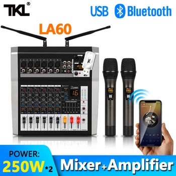 TKL Profesyonel mikser ses konsolu kablosuz mikrofon amplifikatör İle 250W*2 6 kanal DJ ses mikseri USB Bluetooth MP3 48V phantom