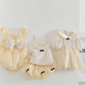 Toddler Bebek Kız Bodysuit Yaz Moda Polka Dot Örgü Yay Prenses Romper Elbise Bebekler için Pamuk Çocuk Giysileri Kız Kıyafetler