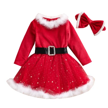 Toddler Bebek Kız Noel Kıyafetleri Uzun Kollu Kadife Örgü İpliği Dikiş evaze elbise Noel Noel Baba Prenses Elbise 1-5Y