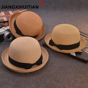 toptan Bayan Hasır Şapka güneş kapaklar Şerit Yuvarlak Düz Üst Hasır Fedora Panama Şapka yazlık şapkalar kadınlar için hasır şapka snapback gorras