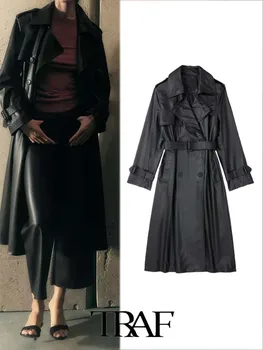 TRAF 2023 Sonbahar kışlık palto Kadınlar Katı Renk Kuşaklı Suni Deri Uzun trençkot Kadın Giyim