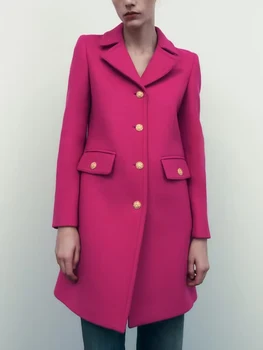 TRAF Kış Sonbahar Kadınlar Katı Yün Ceket 2022 Moda Uzun Kollu Dış Giyim Ofis Bayan Temel Tek Göğüslü Çentikli Palto