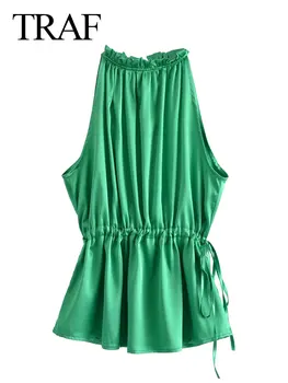 TRAF Moda Yeni kadın T-shirt Asılı Boyun Düz Renk Yeşil Kolsuz İpli Bel Rahat Yaz Tüm Maç Elbise