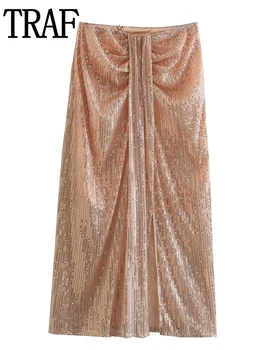TRAF Sequins Etek Kadın Yüksek Bel Pilili kadın Etek Streetwear Uzun Etekler Kadın Moda 2022 Yarık Midi Glitter Etek