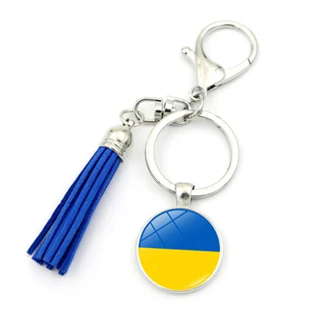 Ukrayna Bayrağı Anahtarlık Aksesuarları Ukrayna Sembolü Cam Cabochon Püskül Kolye araba anahtarlığı Sevimli çanta uğuru Anahtarlık Tuşları