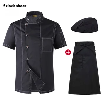 Unisex catering iş elbiseleri Kısa Kollu Restoran mutfak üniformaları şef ceketi Şapka Önlük siyah gömlek erkekler şef M-4XL toptan