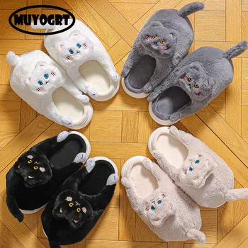 Unisex Kawaii Sarılın Kedi Slaytlar Kızlar Kış Peluş Terlik Ev Komik Sarılmak Hayvan Catty ev ayakkabıları Bayanlar Kapalı Taklit Kürk ayakkabı