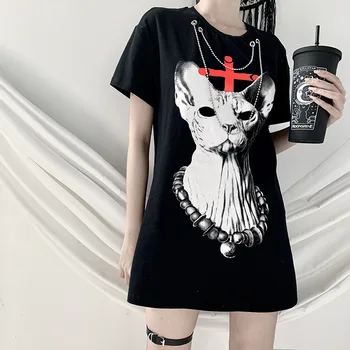 Uzun Gotik Kedi T-shirt Yaz Kadın Kısa Kollu T Gömlek Grafik Tişört Üst Giysi Siyah Goth Giyim