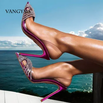 VANGYMS Kadın Sandalet Sivri Burun Kristal Şeffaf Kadın Pompaları Ince Yüksek Topuk Slip-On Katı Seksi Bayanlar Yaz Ayakkabı Moda